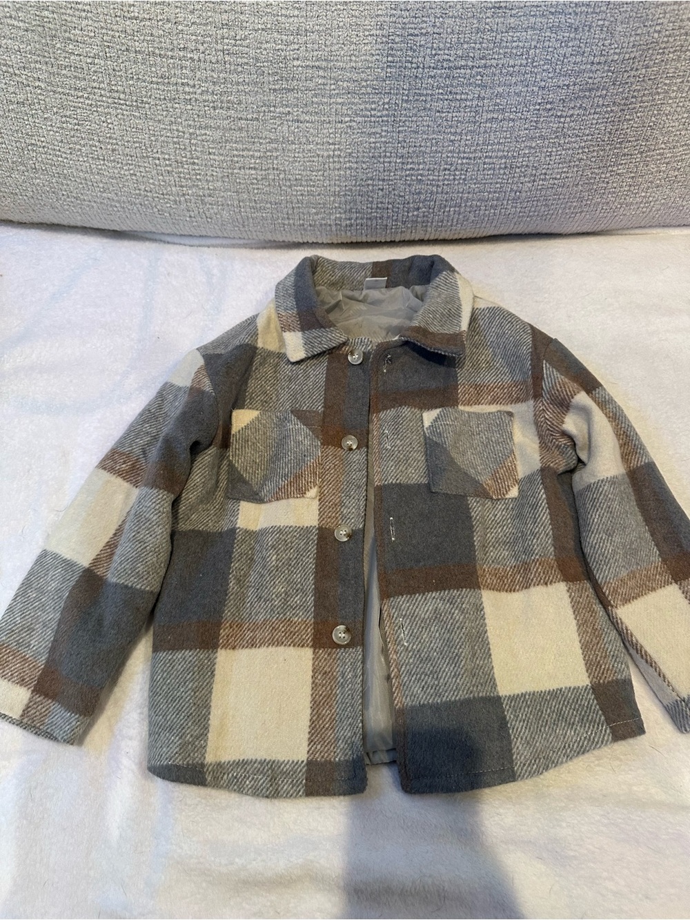 SHEIN Kids Plaid Button-Up Jacket in Gray, Brown & Cream Size 6
